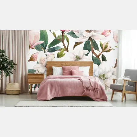 Papier peint magnolias en aquarelle pour décoration murale élégante – Wallnifity®