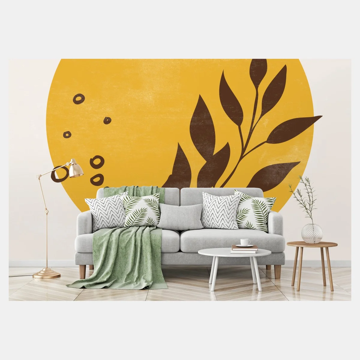 Papier peint soleil botanique minimaliste et feuillage stylisé – Wallnifity® Papier peint soleil botanique minimaliste et feuillage stylisé – Wallnifity®
