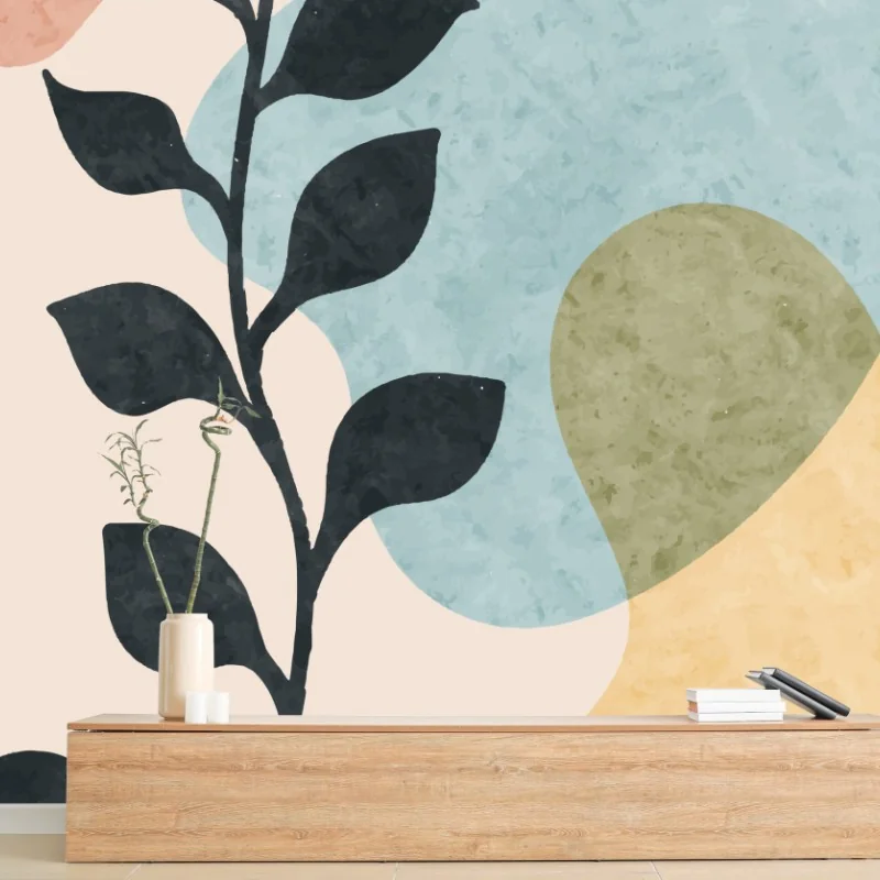 Papier peint branche botanique minimaliste aux formes pastel – Wallnifity® Papier peint branche botanique minimaliste aux formes pastel – Wallnifity®