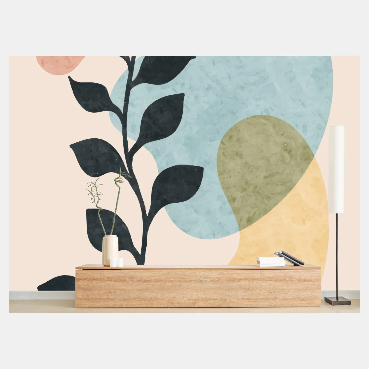 Papier peint branche botanique minimaliste aux formes pastel – Wallnifity® Papier peint branche botanique minimaliste aux formes pastel – Wallnifity®