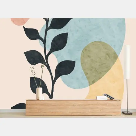 Papier peint branche botanique minimaliste aux formes pastel – Wallnifity®