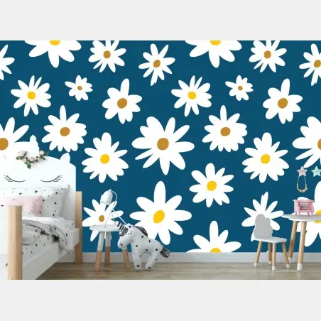 Papier peint motif marguerites blanches sur fond bleu profond – Wallnifity®