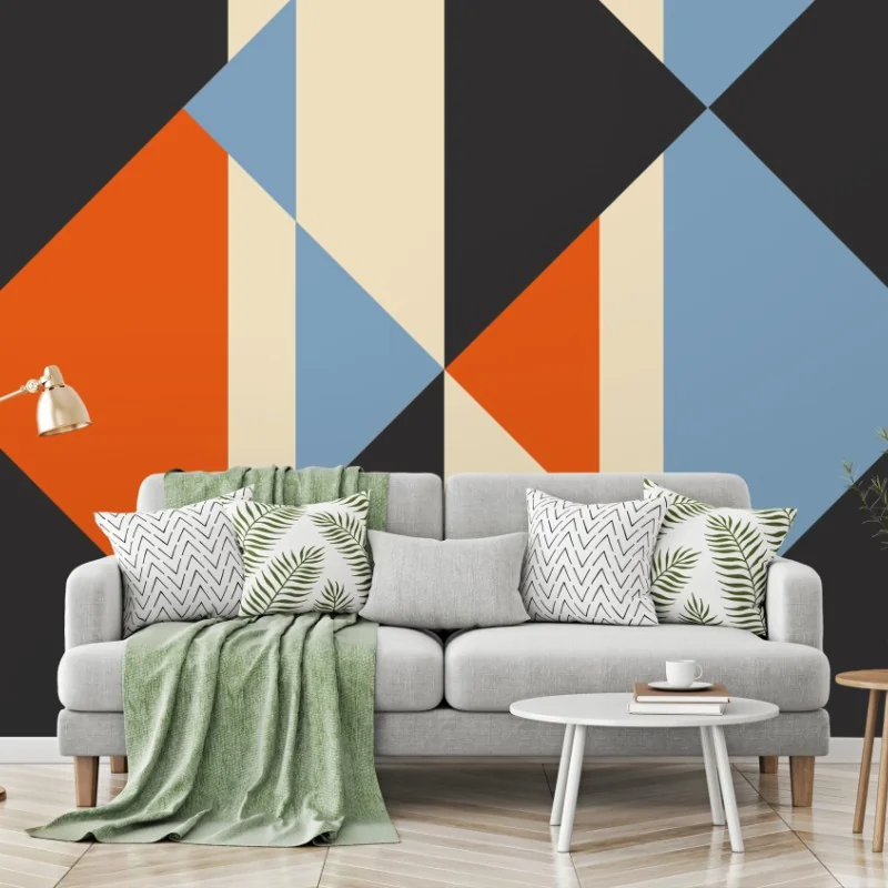 Papier peint composition géométrique rétro bleu, orange et noir – Wallnifity® Papier peint composition géométrique rétro bleu, orange et noir – Wallnifity®