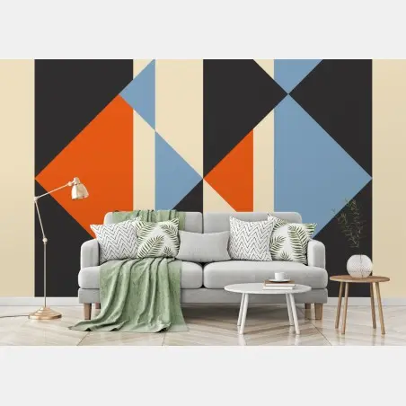 Papier peint composition géométrique rétro bleu, orange et noir – Wallnifity®