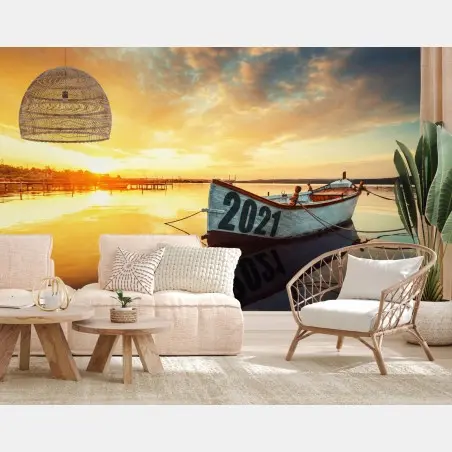 Papier peint bateau 2021 sur le lac de Varna au coucher du soleil – Wallnifity®