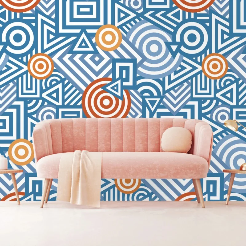 Papier peint motif géométrique rétro bleu et orange – Wallnifity® Papier peint motif géométrique rétro bleu et orange – Wallnifity®