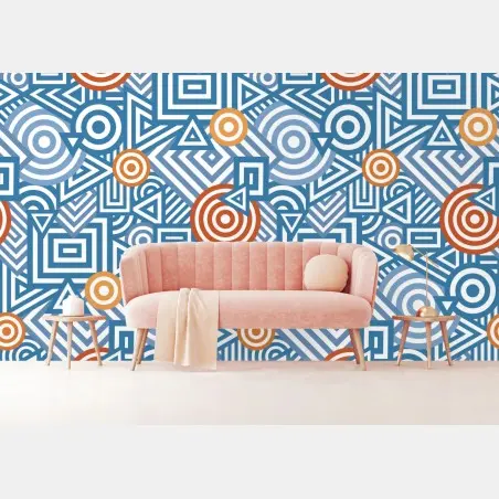 Papier peint motif géométrique rétro bleu et orange – Wallnifity®