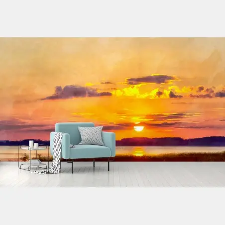 Papier peint coucher de soleil sur le lac aux teintes aquarelle – Wallnifity®