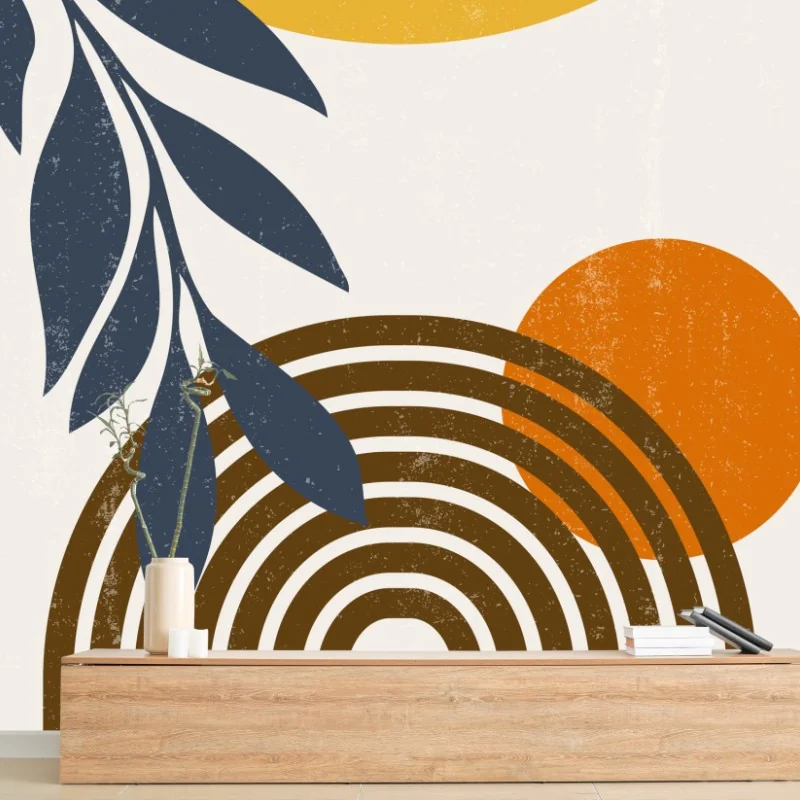 Papier peint affiche abstraite soleil, feuillage et arc aux tons terre – Wallnifity® Papier peint affiche abstraite soleil, feuillage et arc aux tons terre – Wallnifity®