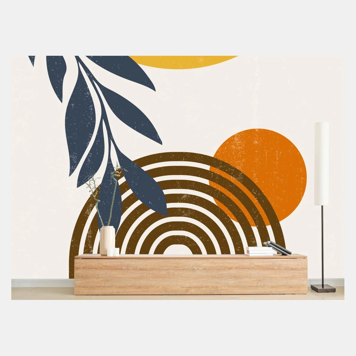 Papier peint affiche abstraite soleil, feuillage et arc aux tons terre – Wallnifity® Papier peint affiche abstraite soleil, feuillage et arc aux tons terre – Wallnifity®