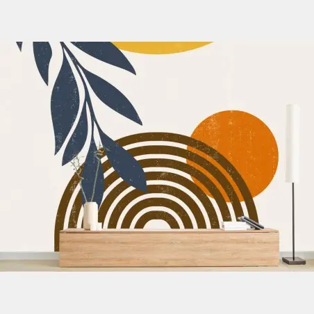 Papier peint affiche abstraite soleil, feuillage et arc aux tons terre – Wallnifity®