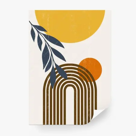 Papier peint affiche abstraite soleil, feuillage et arc aux tons terre – Wallnifity®