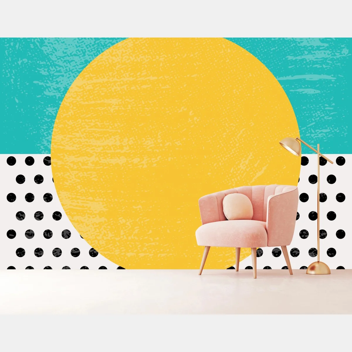 Papier peint composition graphique soleil jaune et motifs à pois – Wallnifity® Papier peint composition graphique soleil jaune et motifs à pois – Wallnifity®