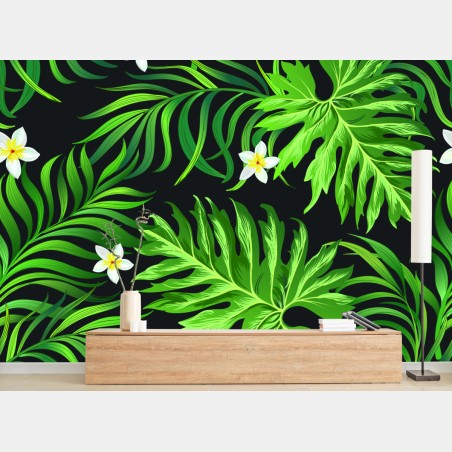 Papier peint jungle tropicale luxuriante sur fond noir – Wallnifity®