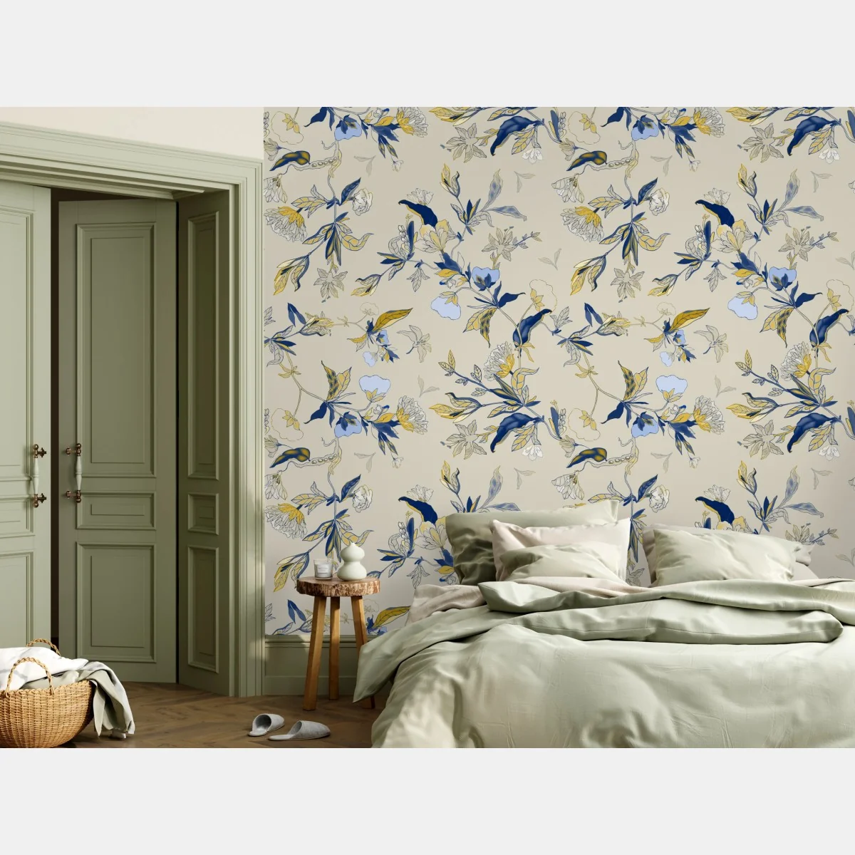 Papier peint motif floral bleu et ocre sur fond crème – Wallnifity® Papier peint motif floral bleu et ocre sur fond crème – Wallnifity®