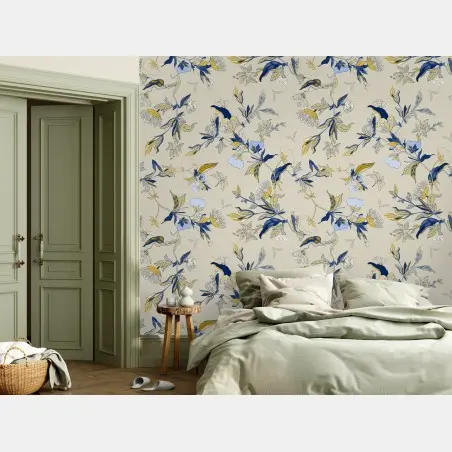 Papier peint motif floral bleu et ocre sur fond crème – Wallnifity®