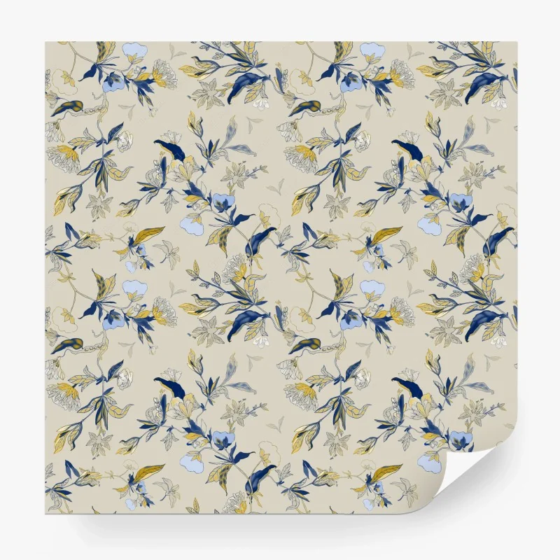 Papier peint motif floral bleu et ocre sur fond crème – Wallnifity® Papier peint motif floral bleu et ocre sur fond crème – Wallnifity®