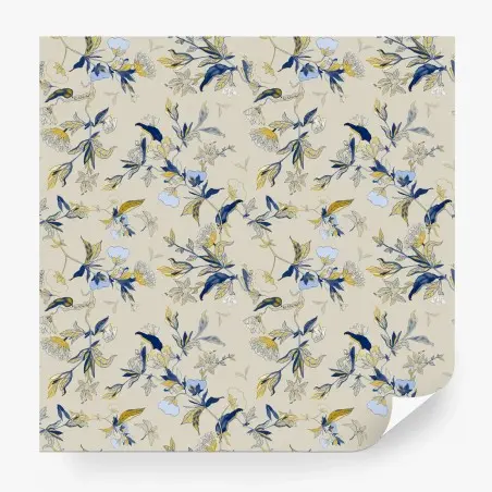 Papier peint motif floral bleu et ocre sur fond crème – Wallnifity®