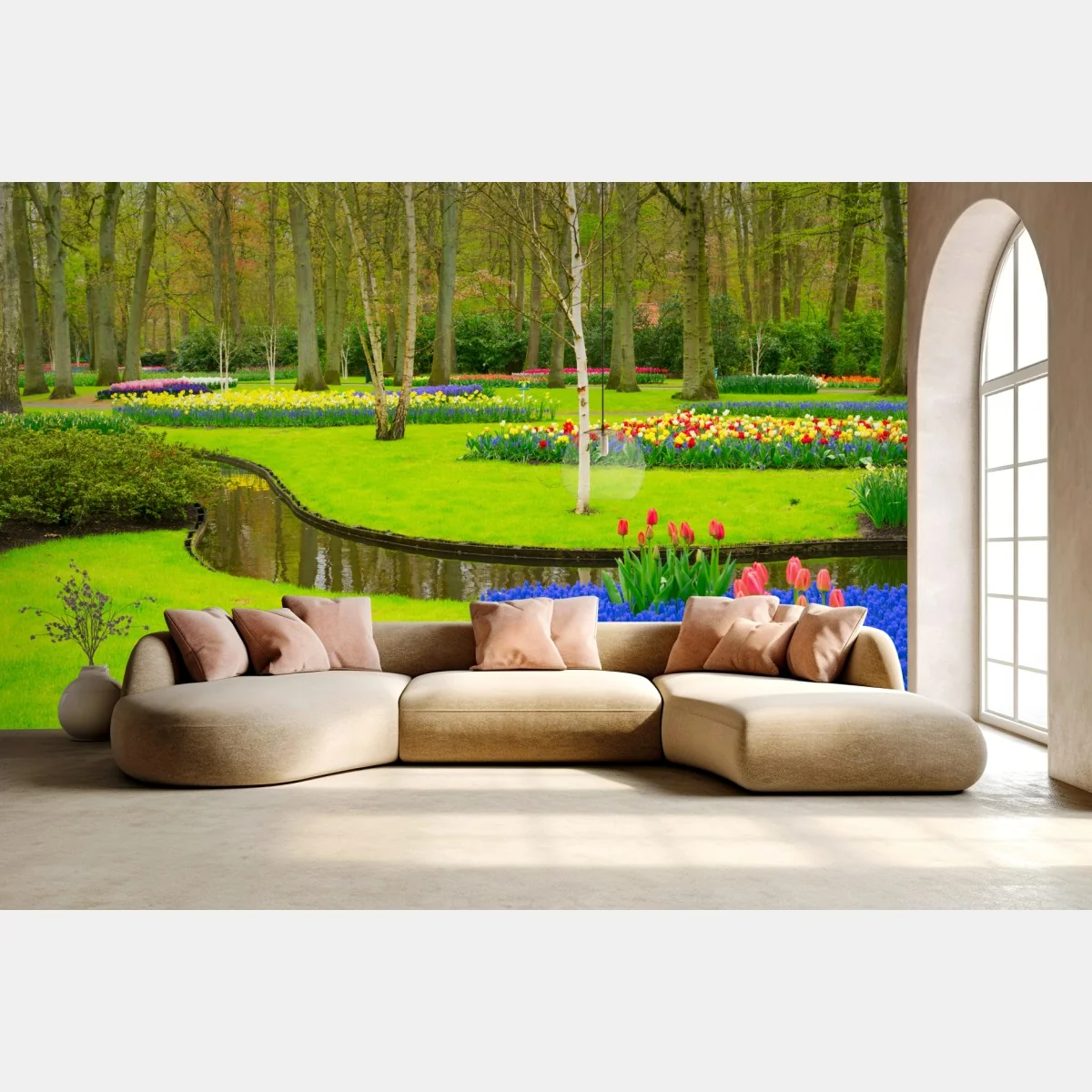 Papier peint oasis printanière de tulipes et muscaris – Wallnifity® Papier peint oasis printanière de tulipes et muscaris – Wallnifity®