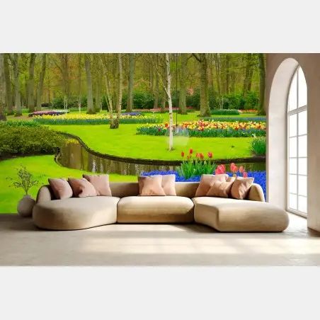 Papier peint oasis printanière de tulipes et muscaris – Wallnifity®