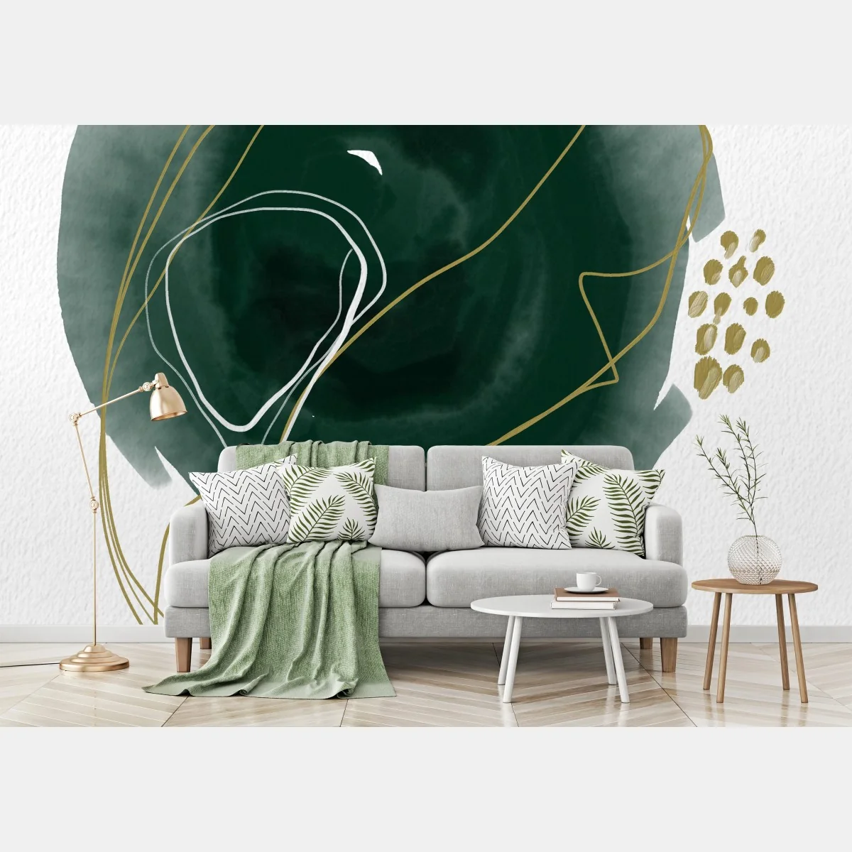 Papier peint abstraction organique verte et accents dorés – Wallnifity® Papier peint abstraction organique verte et accents dorés – Wallnifity®