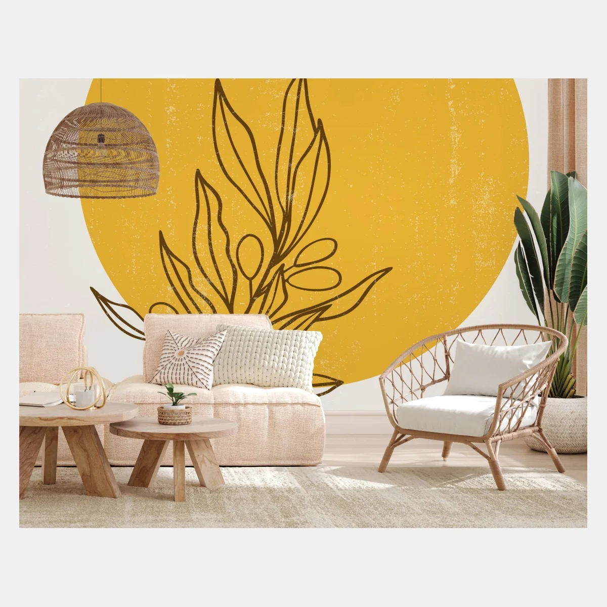 Papier peint branche d'olivier au soleil moutarde – Wallnifity® Papier peint branche d'olivier au soleil moutarde – Wallnifity®