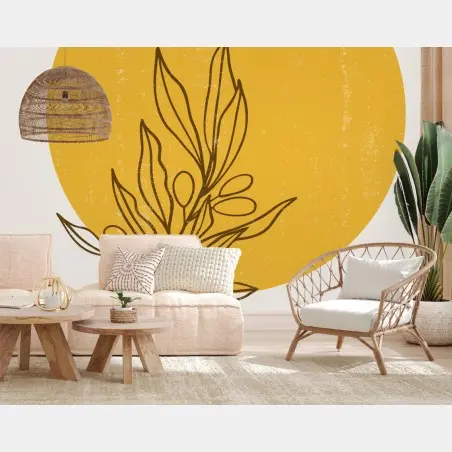 Papier peint branche d'olivier au soleil moutarde – Wallnifity®