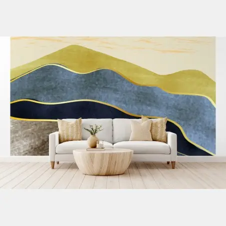 Papier peint paysage abstrait minimaliste aux lignes dorées – Wallnifity®