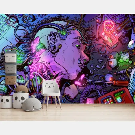 Papier peint portrait cybernétique au néon – Wallnifity®