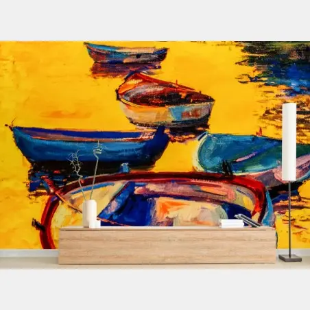 Papier peint bateaux colorés au crépuscule doré – Wallnifity®