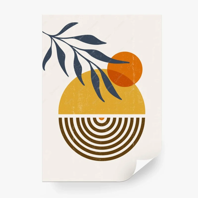 Papier peint composition abstraite soleil et feuillage bohème – Wallnifity®