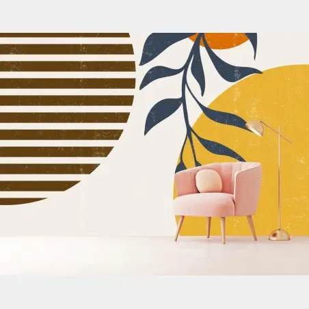 Papier peint composition abstraite soleil et feuillage bohème – Wallnifity®
