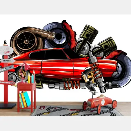 Papier peint voiture sportive rouge et pièces mécaniques – Wallnifity®