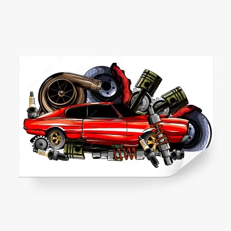 Papier peint voiture sportive rouge et pièces mécaniques – Wallnifity®