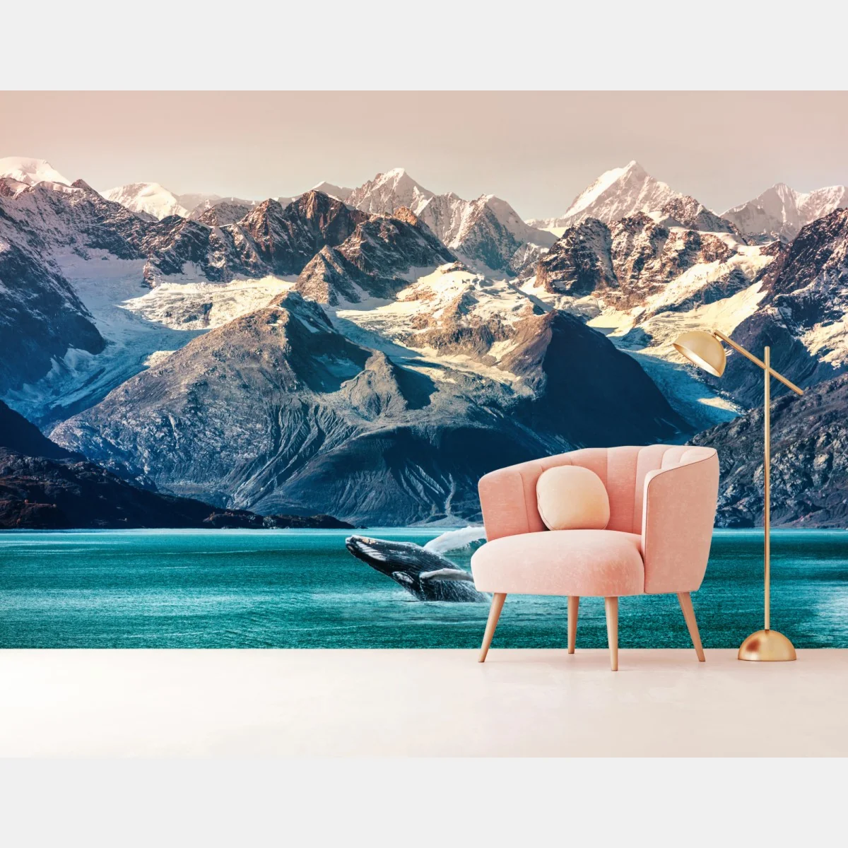 Papier peint baleine en plein saut devant montagnes glaciaires – Wallnifity® Papier peint baleine en plein saut devant montagnes glaciaires – Wallnifity®