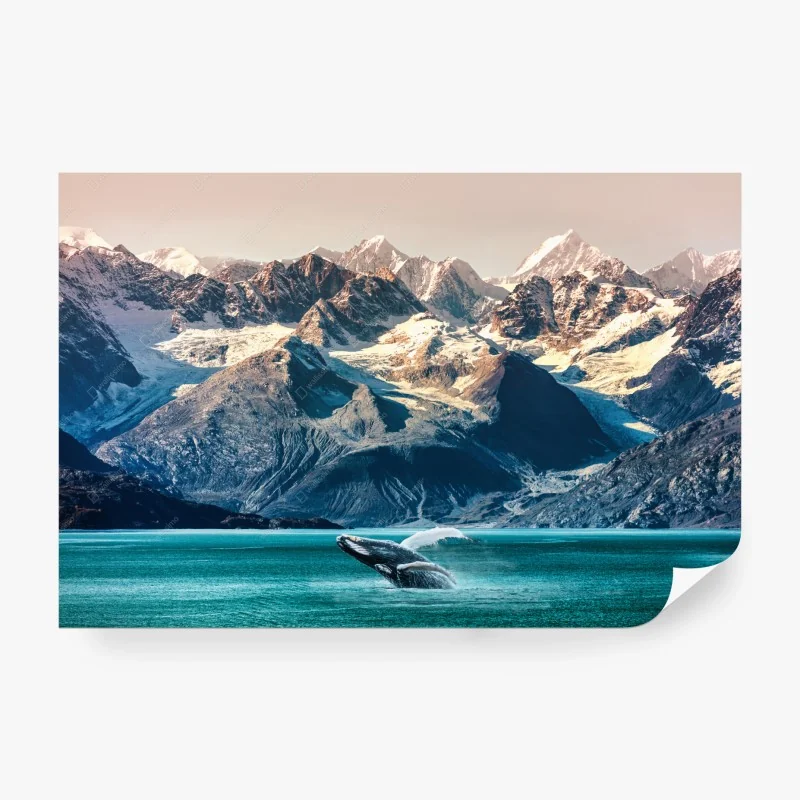 Papier peint baleine en plein saut devant montagnes glaciaires – Wallnifity® Papier peint baleine en plein saut devant montagnes glaciaires – Wallnifity®
