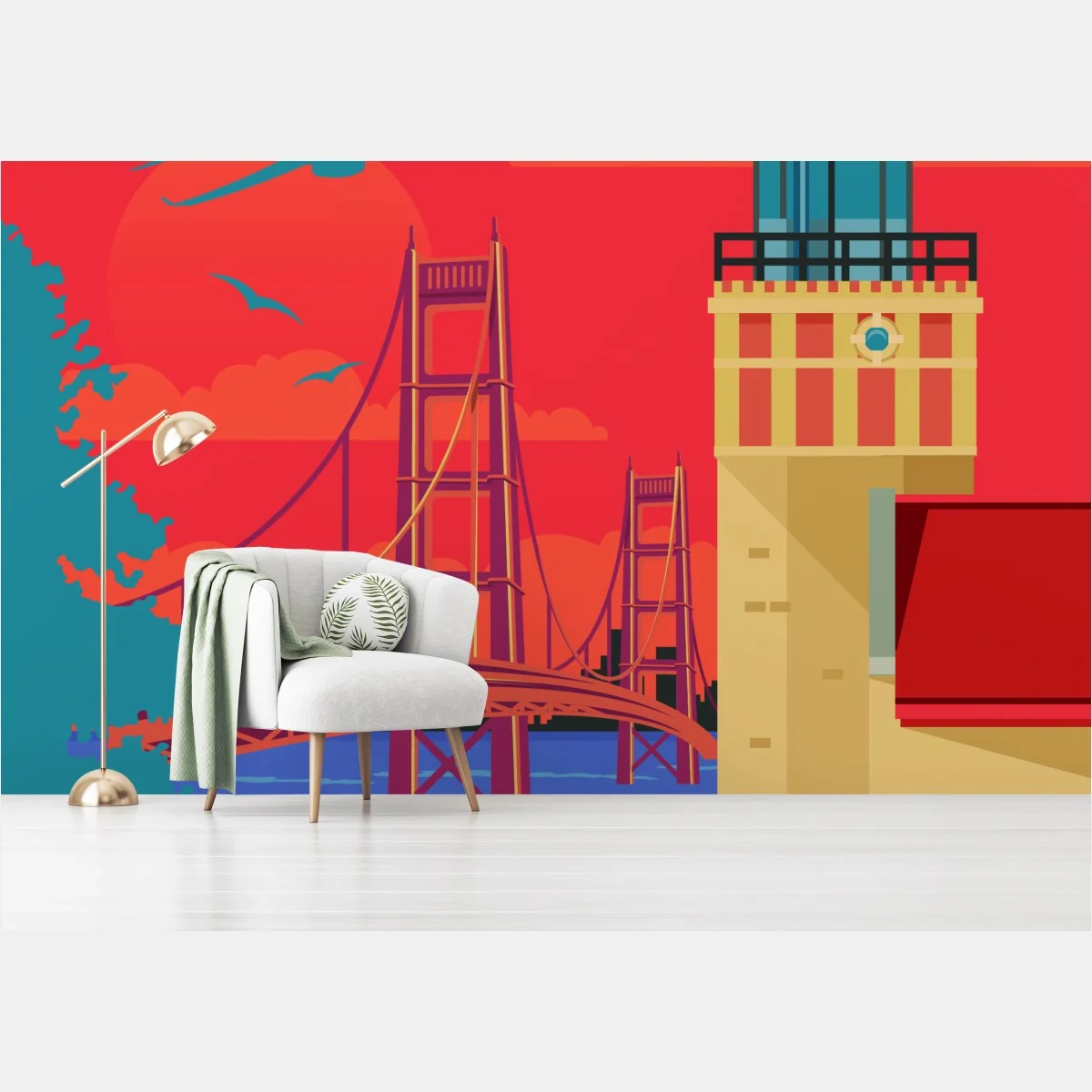 Papier peint affiche rétro du lac Michigan avec phare et pont – Wallnifity® Papier peint affiche rétro du lac Michigan avec phare et pont – Wallnifity®