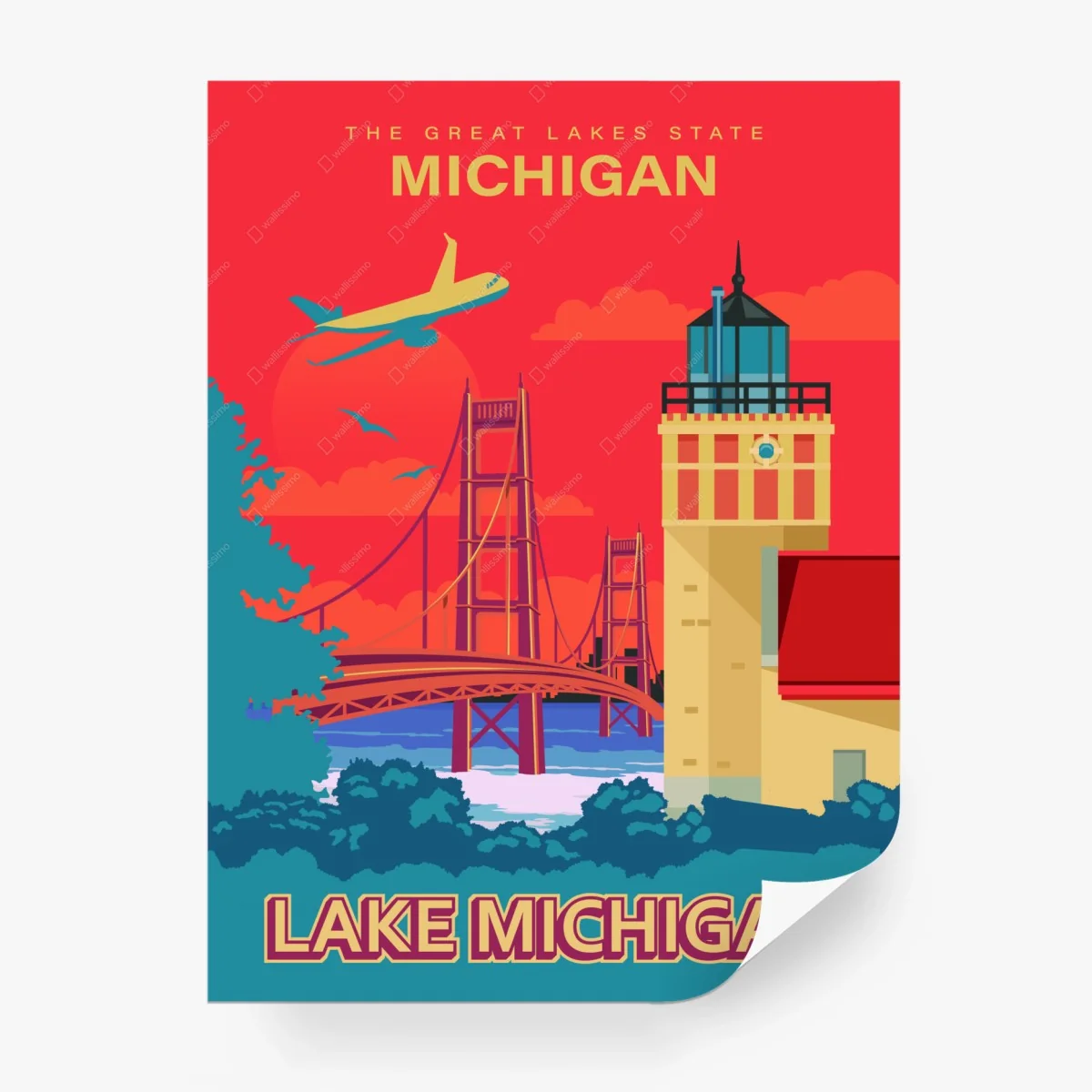 Papier peint affiche rétro du lac Michigan avec phare et pont – Wallnifity® Papier peint affiche rétro du lac Michigan avec phare et pont – Wallnifity®