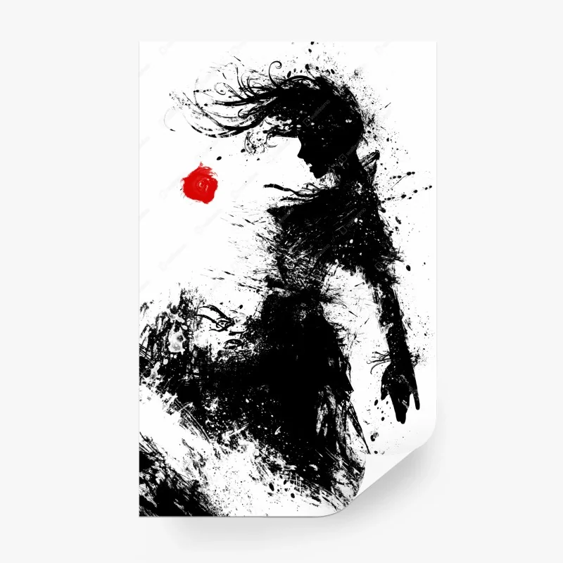 Papier peint silhouette féminine en encre et rose rouge – Wallnifity®