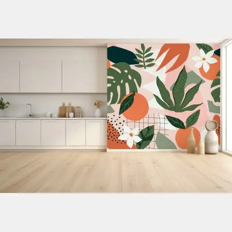 Papier peint motif tropical d'agrumes et de feuillages – Wallnifity®