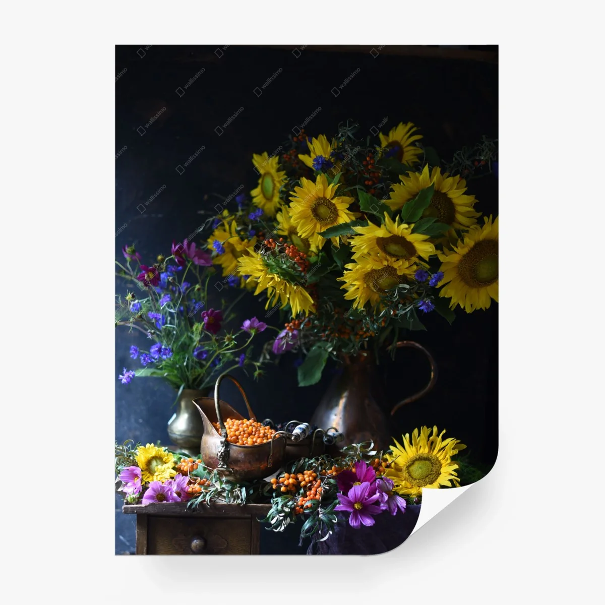 Papier peint bouquet de tournesols et baies d'argousier sur fond sombre – Wallnifity®