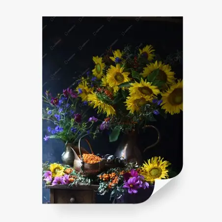 Papier peint bouquet de tournesols et baies d'argousier sur fond sombre – Wallnifity®
