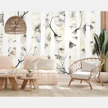 Papier peint motif de bouleaux en aquarelle – Wallnifity®