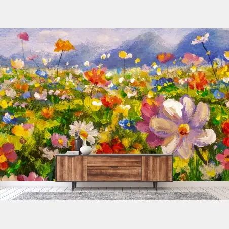 Papier peint champ de fleurs impressionniste aux couleurs vives – Wallnifity®