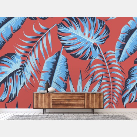 Papier peint motif tropical bleu sur fond corail – Wallnifity®