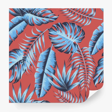 Papier peint motif tropical bleu sur fond corail – Wallnifity®