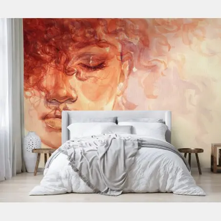 Papier peint portrait aquarellé de femme aux cheveux bouclés – Wallnifity®