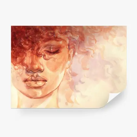 Papier peint portrait aquarellé de femme aux cheveux bouclés – Wallnifity®