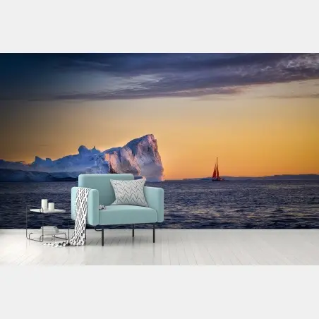 Papier peint voilier rouge devant iceberg au coucher de soleil – Wallnifity®