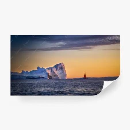 Papier peint voilier rouge devant iceberg au coucher de soleil – Wallnifity®